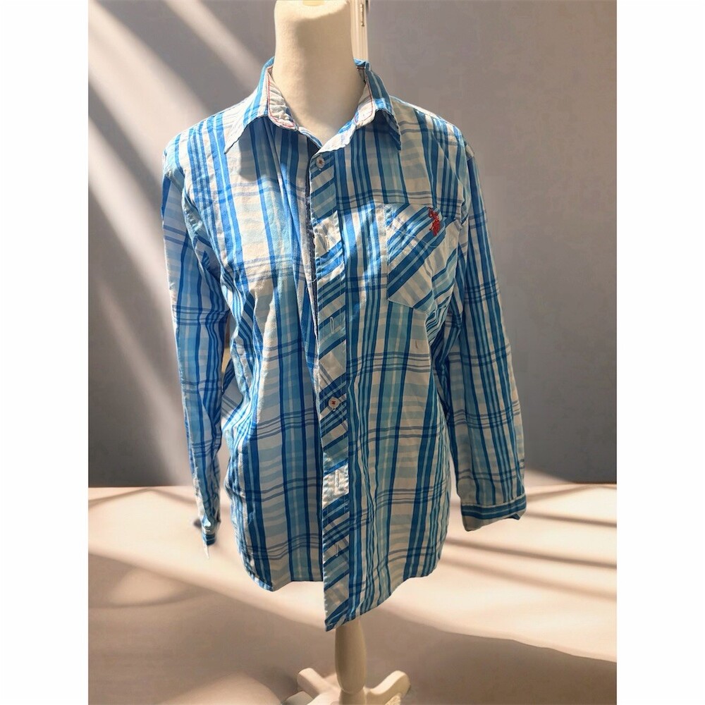 U.S. Polo Assn. Button-Up Shirt boys M Blue White Plaid Long Sleeve Logo
